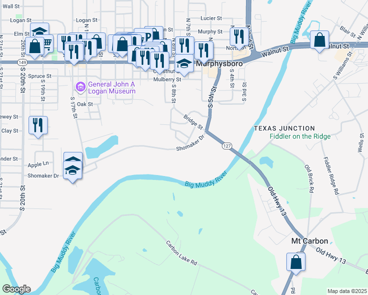 map of restaurants, bars, coffee shops, grocery stores, and more near 1200 Shomaker Drive in Murphysboro