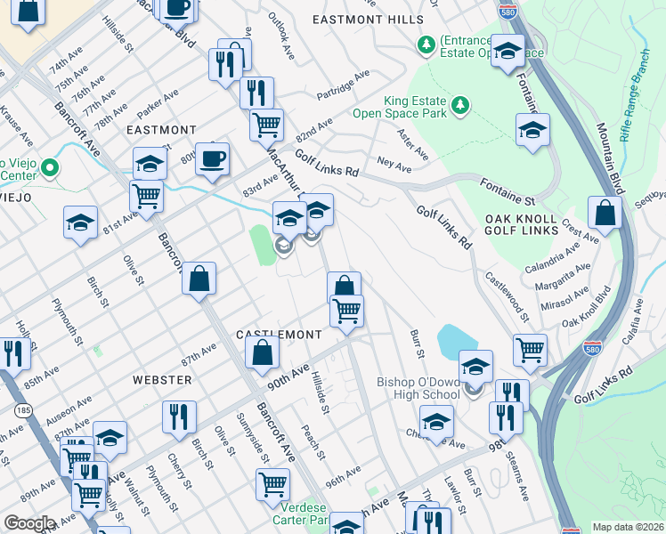 map of restaurants, bars, coffee shops, grocery stores, and more near 8656 MacArthur Boulevard in Oakland