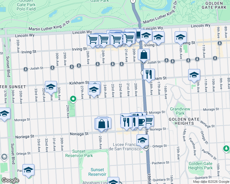 map of restaurants, bars, coffee shops, grocery stores, and more near 1566 23rd Avenue in San Francisco