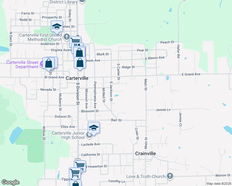 map of restaurants, bars, coffee shops, grocery stores, and more near 501-599 Barnett Avenue in Carterville