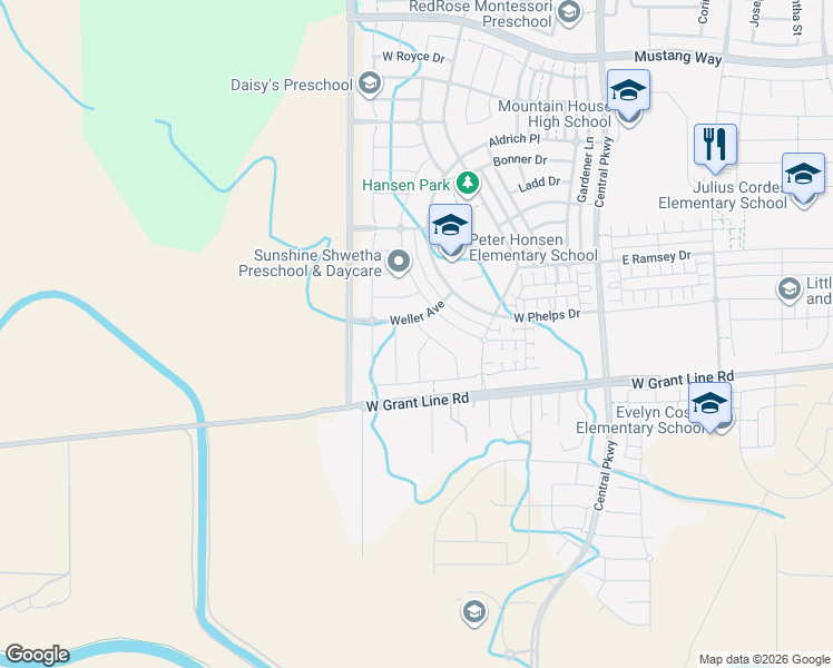 map of restaurants, bars, coffee shops, grocery stores, and more near 1485 South Perkins Place in Tracy