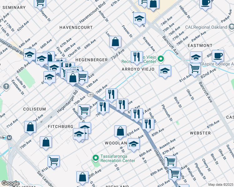 map of restaurants, bars, coffee shops, grocery stores, and more near 1468 78th Avenue in Oakland