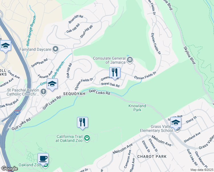 map of restaurants, bars, coffee shops, grocery stores, and more near 10353 Royal Oak Road in Oakland