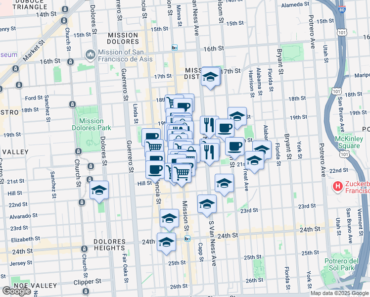 map of restaurants, bars, coffee shops, grocery stores, and more near 2471 Mission Street in San Francisco