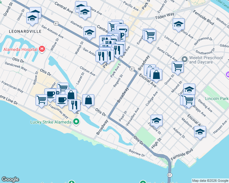 map of restaurants, bars, coffee shops, grocery stores, and more near 1130 Regent Street in Alameda