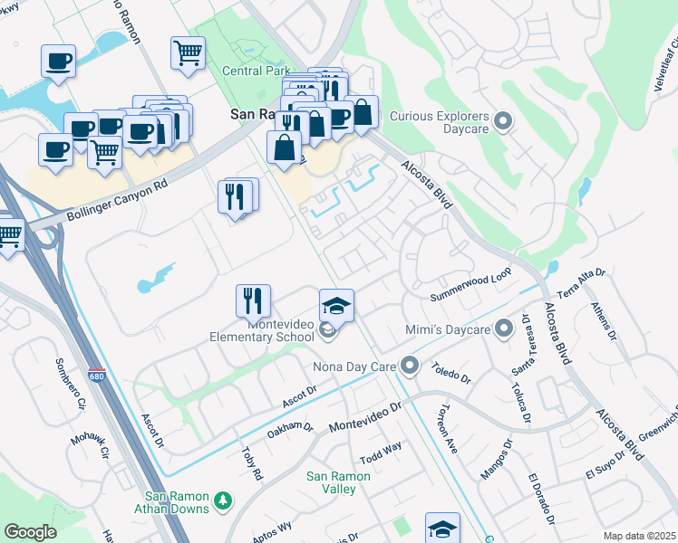 map of restaurants, bars, coffee shops, grocery stores, and more near 754 Winterside Circle in San Ramon