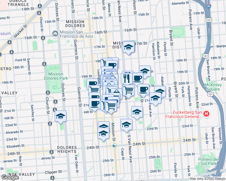 map of restaurants, bars, coffee shops, grocery stores, and more near 544 Capp Street in San Francisco