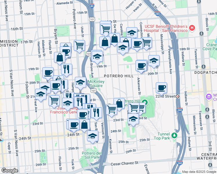 map of restaurants, bars, coffee shops, grocery stores, and more near 926 Kansas Street in San Francisco