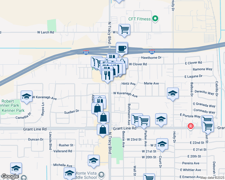 map of restaurants, bars, coffee shops, grocery stores, and more near 512 West Kavanagh Avenue in Tracy
