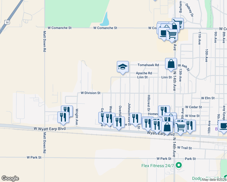 map of restaurants, bars, coffee shops, grocery stores, and more near 2001-2099 West Division Street in Dodge City