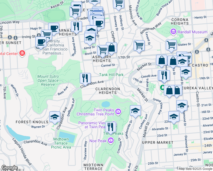 map of restaurants, bars, coffee shops, grocery stores, and more near 229 Twin Peaks Boulevard in San Francisco