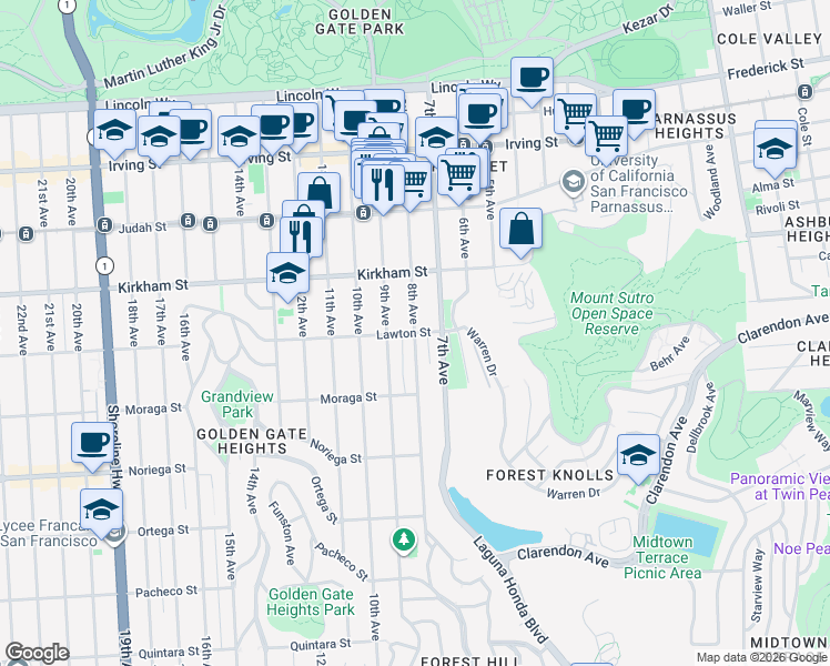 map of restaurants, bars, coffee shops, grocery stores, and more near Lawton Street & 8th Avenue in San Francisco