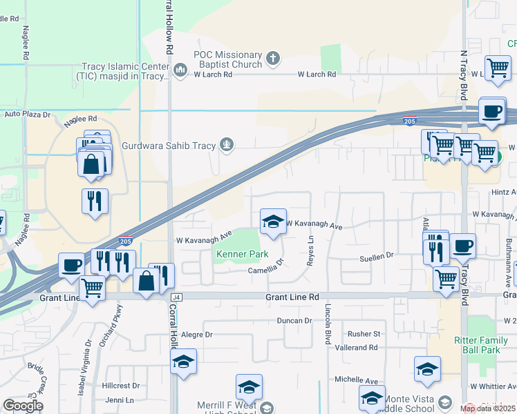 map of restaurants, bars, coffee shops, grocery stores, and more near 1785 Lilly Court in Tracy