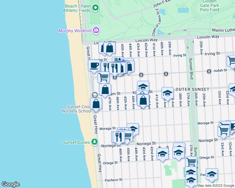 map of restaurants, bars, coffee shops, grocery stores, and more near 1503 46th Avenue in San Francisco