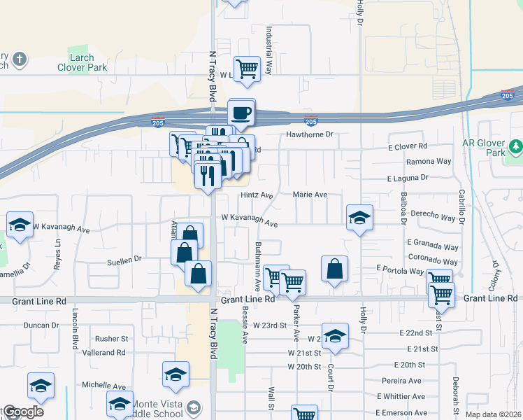 map of restaurants, bars, coffee shops, grocery stores, and more near 490 West Kavanagh Avenue in Tracy