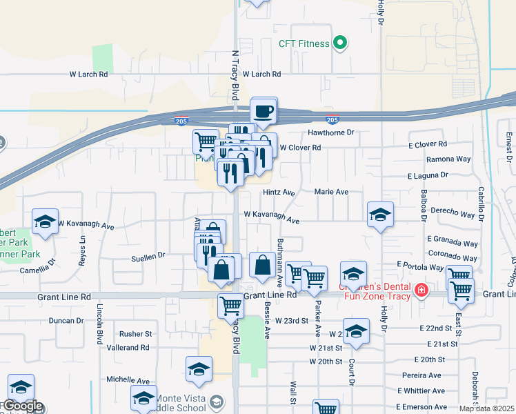 map of restaurants, bars, coffee shops, grocery stores, and more near 512 West Kavanagh Avenue in Tracy