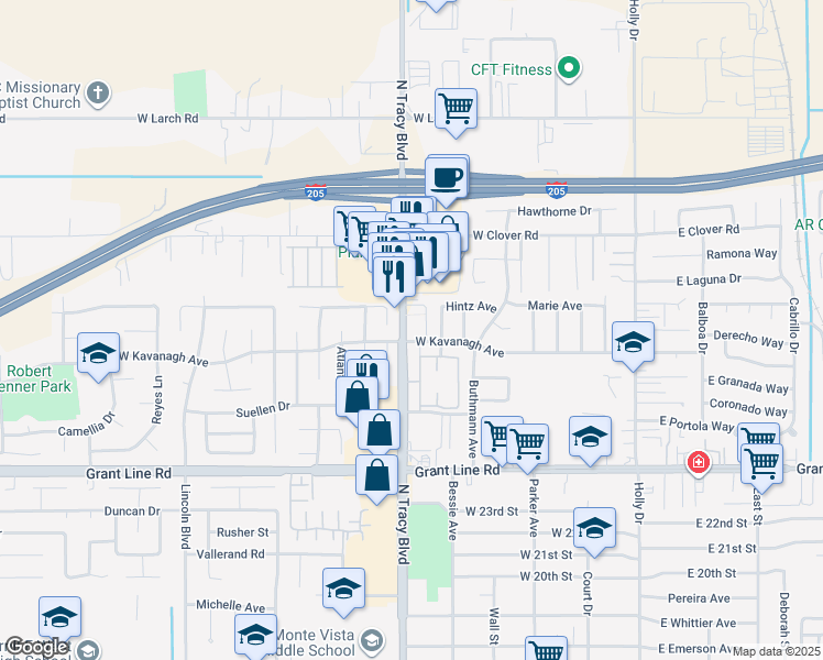 map of restaurants, bars, coffee shops, grocery stores, and more near 512 West Kavanagh Avenue in Tracy
