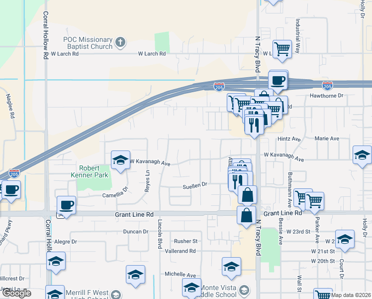 map of restaurants, bars, coffee shops, grocery stores, and more near 1361 West Kavanagh Avenue in Tracy