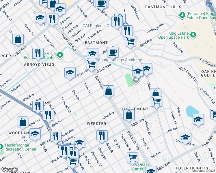 map of restaurants, bars, coffee shops, grocery stores, and more near 8451 Bancroft Avenue in Oakland