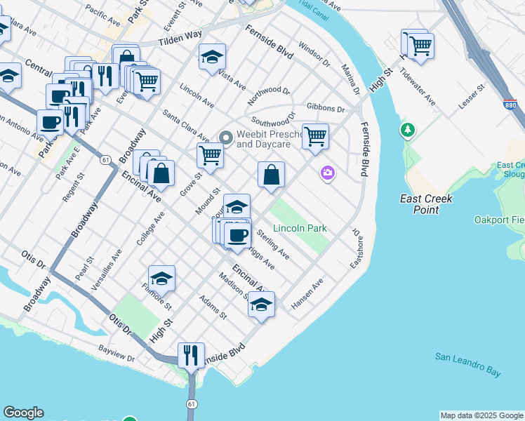 map of restaurants, bars, coffee shops, grocery stores, and more near 3202 Central Avenue in Alameda