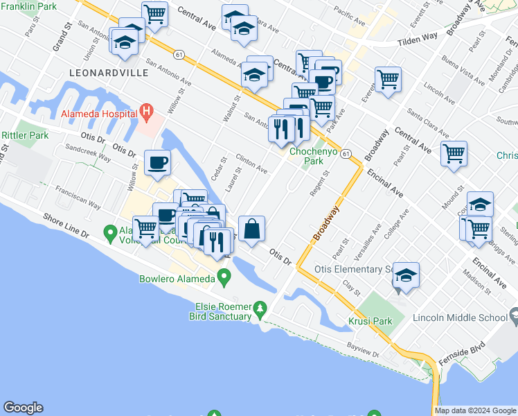 map of restaurants, bars, coffee shops, grocery stores, and more near 1093 Park Avenue in Alameda