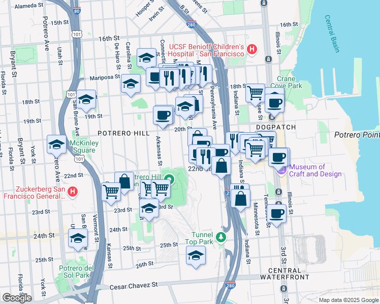 map of restaurants, bars, coffee shops, grocery stores, and more near 650 Texas Street in San Francisco