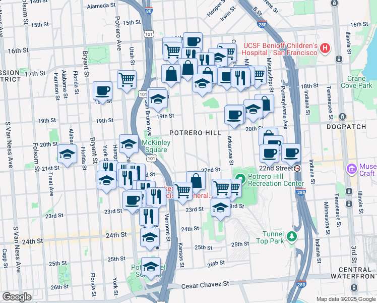 map of restaurants, bars, coffee shops, grocery stores, and more near 111 Southern Heights Avenue in San Francisco