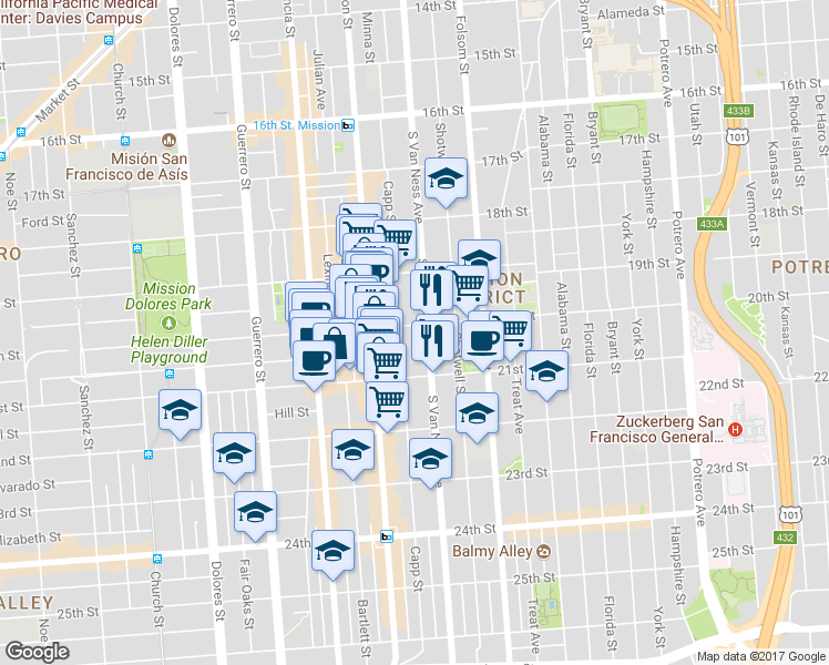 map of restaurants, bars, coffee shops, grocery stores, and more near 2471 Mission Street in San Francisco