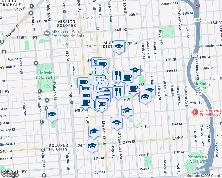 map of restaurants, bars, coffee shops, grocery stores, and more near 2471 Mission Street in San Francisco
