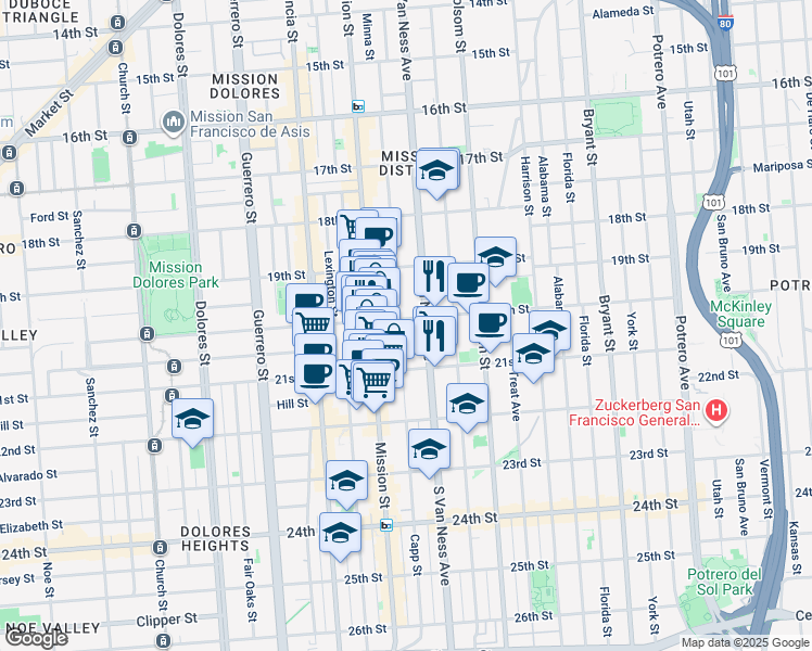 map of restaurants, bars, coffee shops, grocery stores, and more near 2471 Mission Street in San Francisco