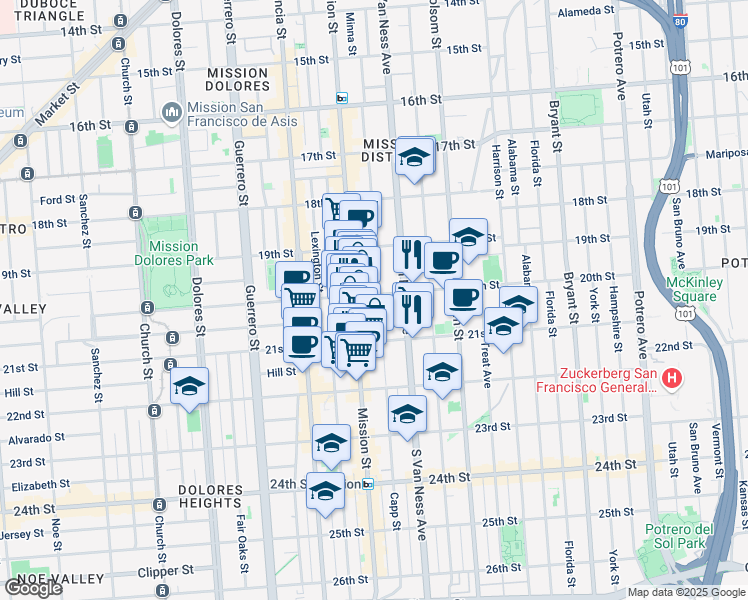 map of restaurants, bars, coffee shops, grocery stores, and more near 2471 Mission Street in San Francisco