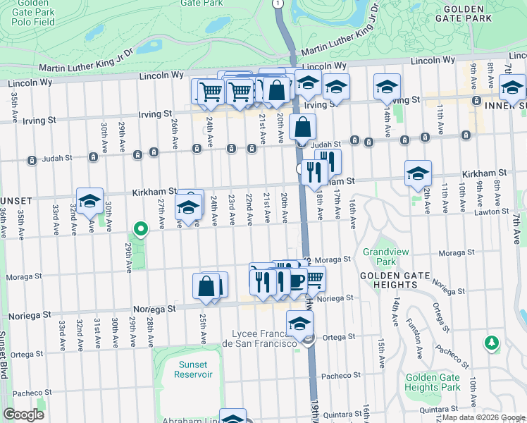 map of restaurants, bars, coffee shops, grocery stores, and more near 1530 Lawton Street in San Francisco