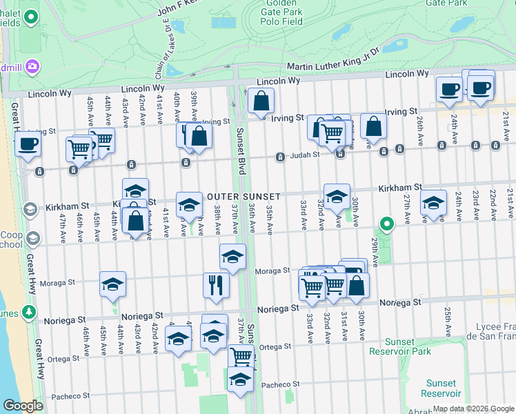 map of restaurants, bars, coffee shops, grocery stores, and more near 1556 36th Avenue in San Francisco