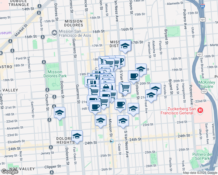 map of restaurants, bars, coffee shops, grocery stores, and more near 2405 Mission Street in San Francisco