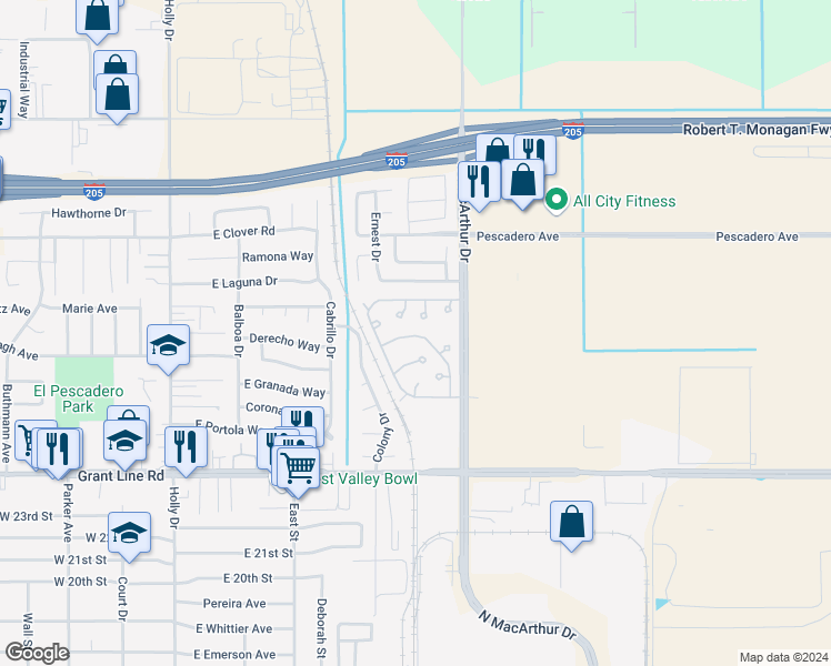 map of restaurants, bars, coffee shops, grocery stores, and more near 2929 North MacArthur Drive in Tracy
