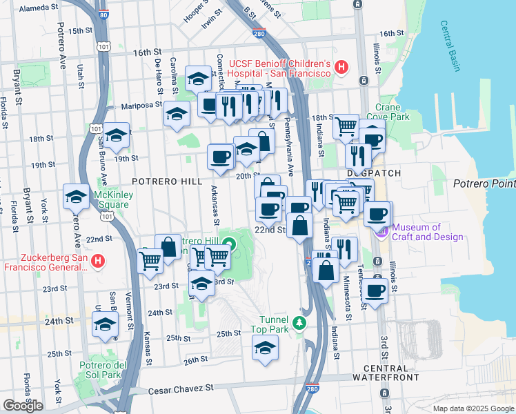 map of restaurants, bars, coffee shops, grocery stores, and more near 650 Texas Street in San Francisco
