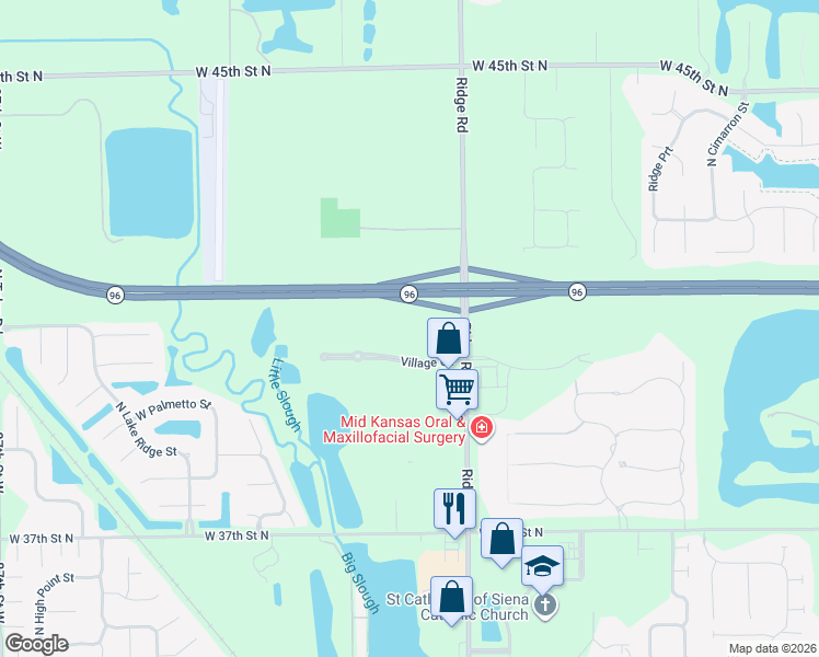 map of restaurants, bars, coffee shops, grocery stores, and more near 4105 North Ridge Road in Wichita