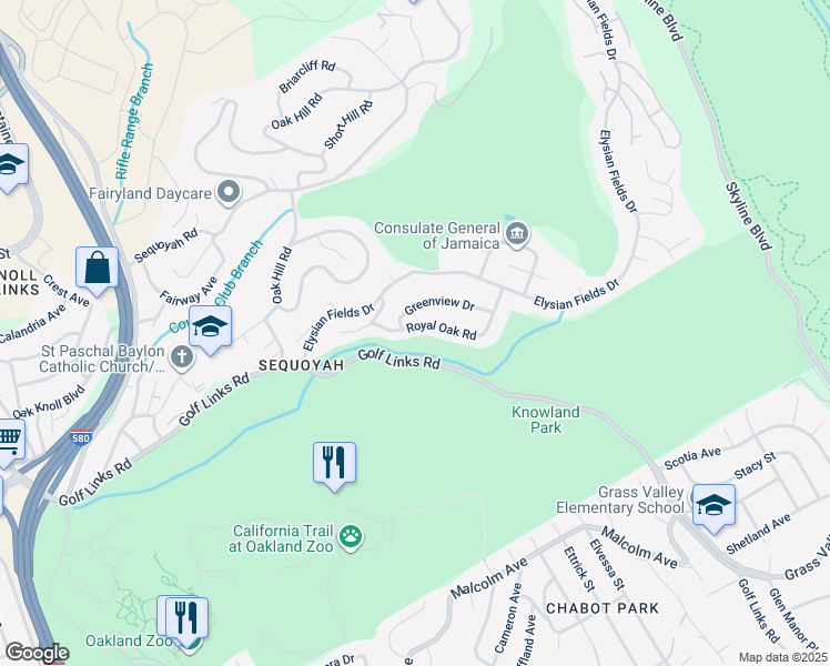 map of restaurants, bars, coffee shops, grocery stores, and more near 10317 Royal Oak Road in Oakland