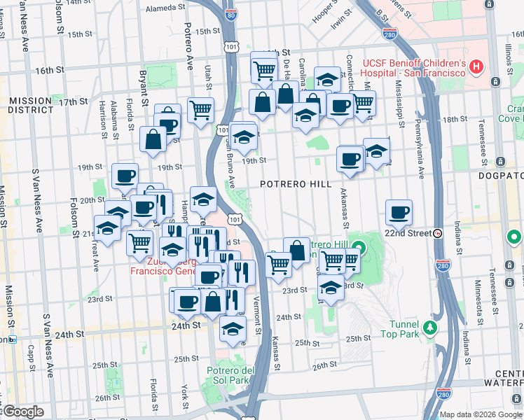 map of restaurants, bars, coffee shops, grocery stores, and more near 872 Kansas Street in San Francisco