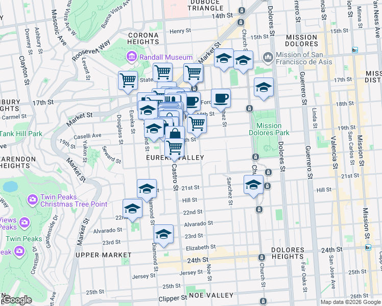 map of restaurants, bars, coffee shops, grocery stores, and more near 253 Hartford Street in San Francisco