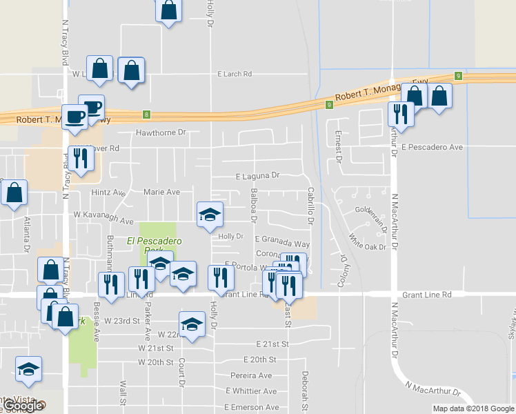 map of restaurants, bars, coffee shops, grocery stores, and more near 2904 Balboa Drive in Tracy
