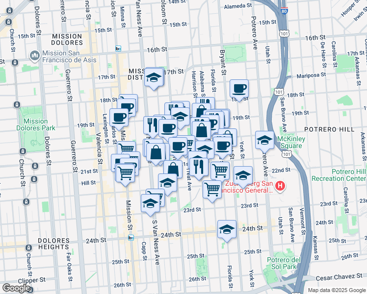 map of restaurants, bars, coffee shops, grocery stores, and more near 759 Treat Avenue in San Francisco