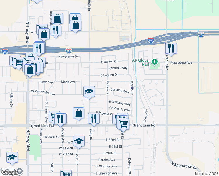 map of restaurants, bars, coffee shops, grocery stores, and more near 2904 Balboa Drive in Tracy