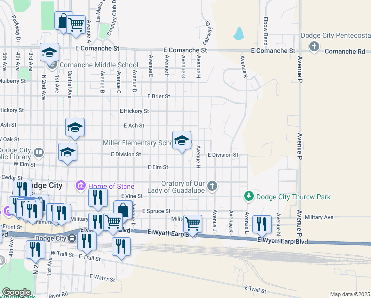 map of restaurants, bars, coffee shops, grocery stores, and more near 1100 Avenue G in Dodge City