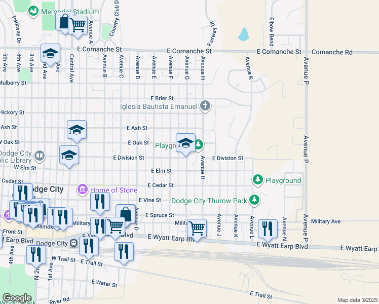 map of restaurants, bars, coffee shops, grocery stores, and more near 1100 Avenue G in Dodge City