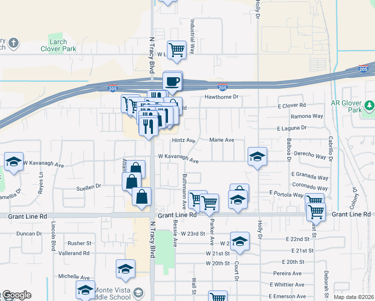 map of restaurants, bars, coffee shops, grocery stores, and more near 490 West Kavanagh Avenue in Tracy