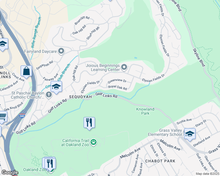 map of restaurants, bars, coffee shops, grocery stores, and more near 10317 Royal Oak Road in Oakland