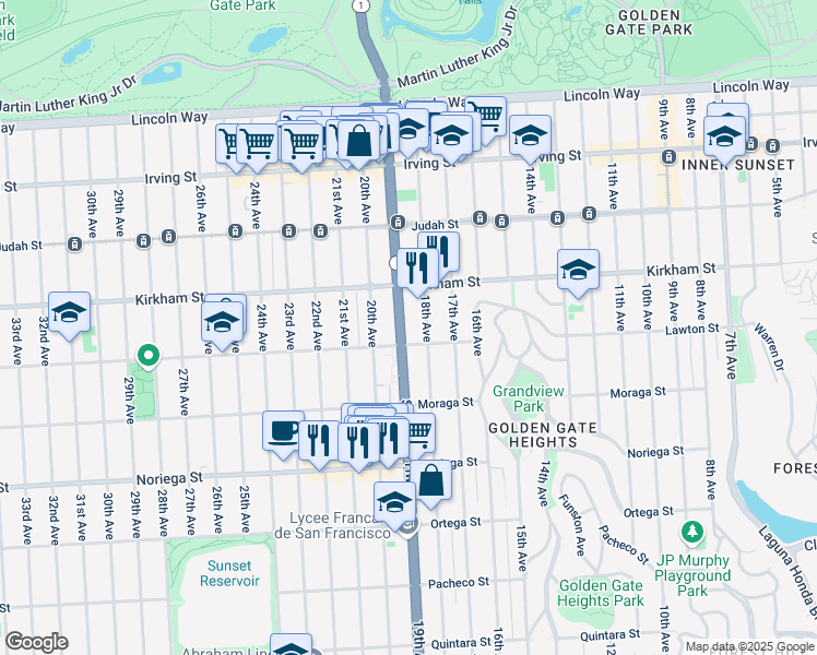 map of restaurants, bars, coffee shops, grocery stores, and more near 1570 19th Avenue in San Francisco