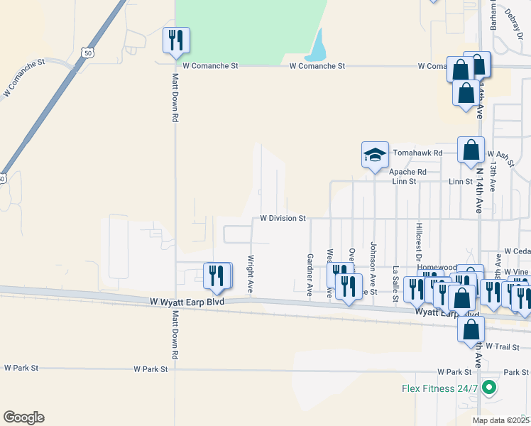 map of restaurants, bars, coffee shops, grocery stores, and more near 1100 Wright Avenue in Dodge City