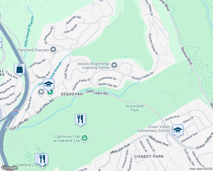 map of restaurants, bars, coffee shops, grocery stores, and more near 10373 Royal Oak Road in Oakland